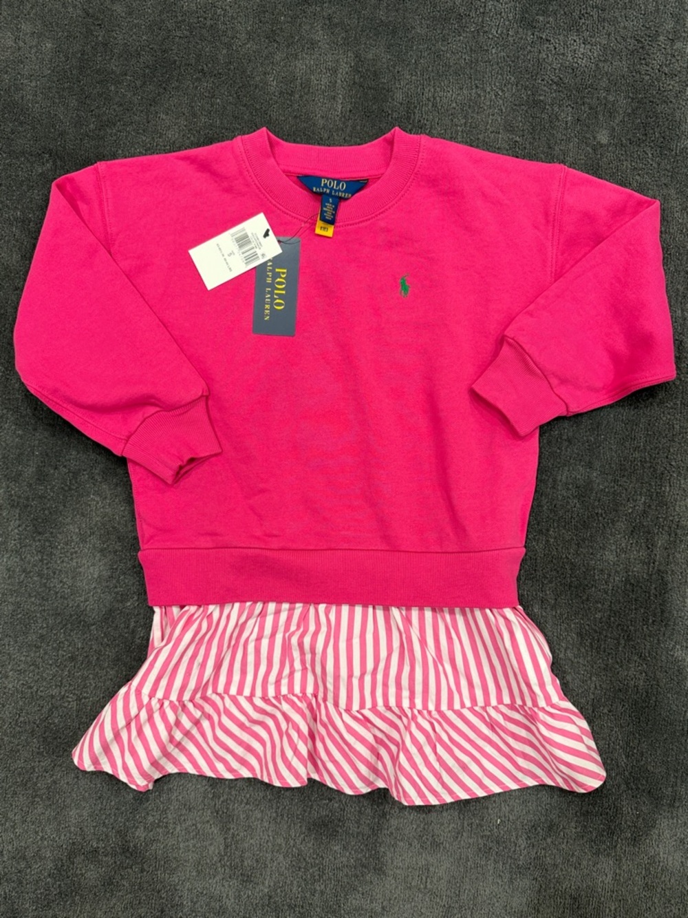 NWT Polo by Ralph Lauren Girls Sweatshirt Dress with Pink & White Striped Skirt